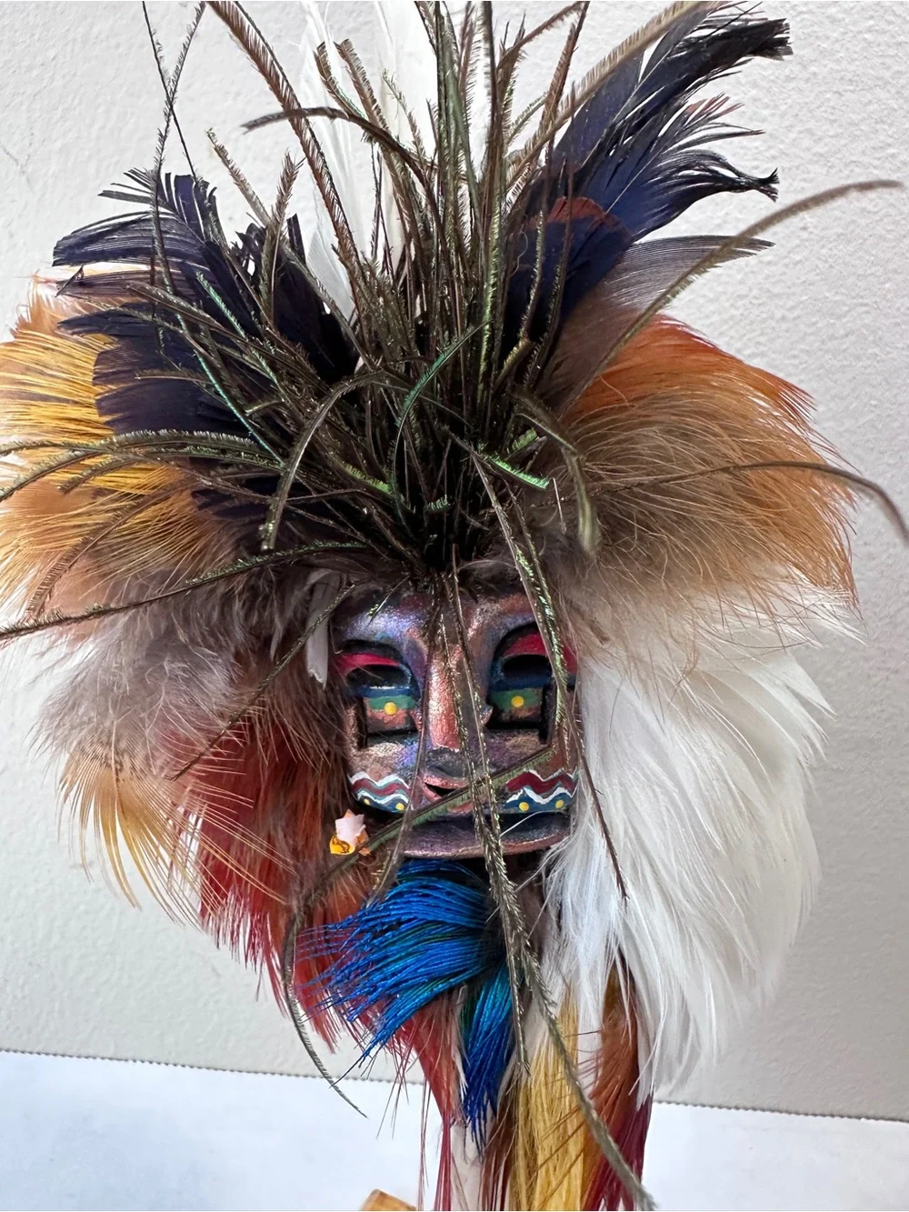 Pair Miniature Tribal Shaman Feather Masks on Lucite Stands Mixed Media Art Vtg